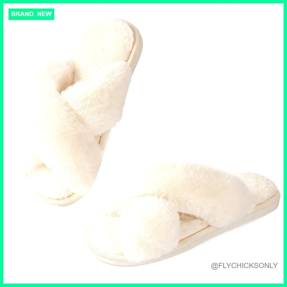 Memory Foam Fuzzy Slippers Cross Band Open Toe Plush Indoor Outdoor Slides